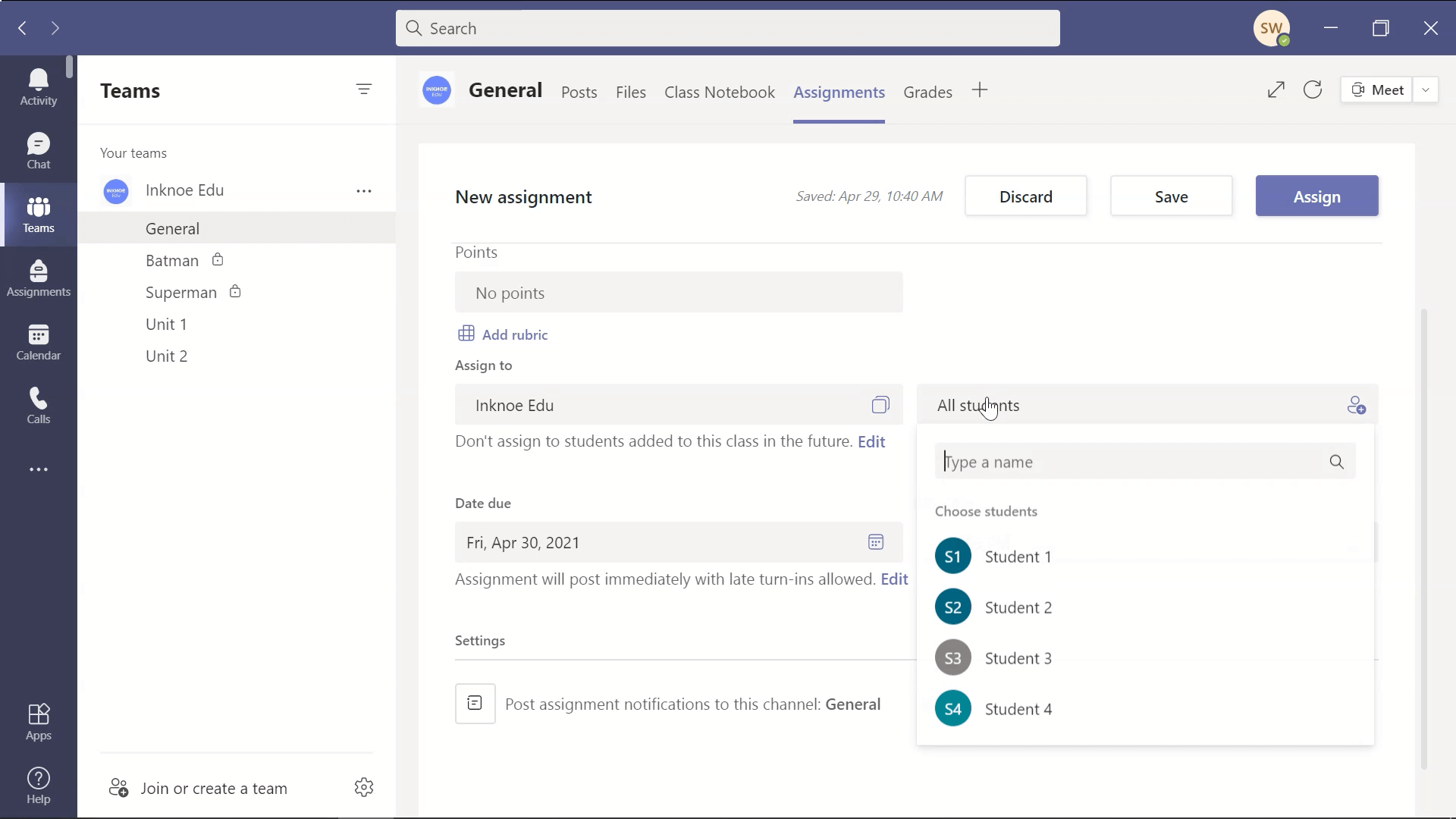 select specific students to post assignments in teams